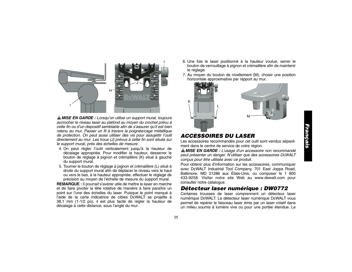 Français, Accessoires du laser, Détecteur laser numérique : dw0772 | Epson DW076 User Manual | Page 27 / 52