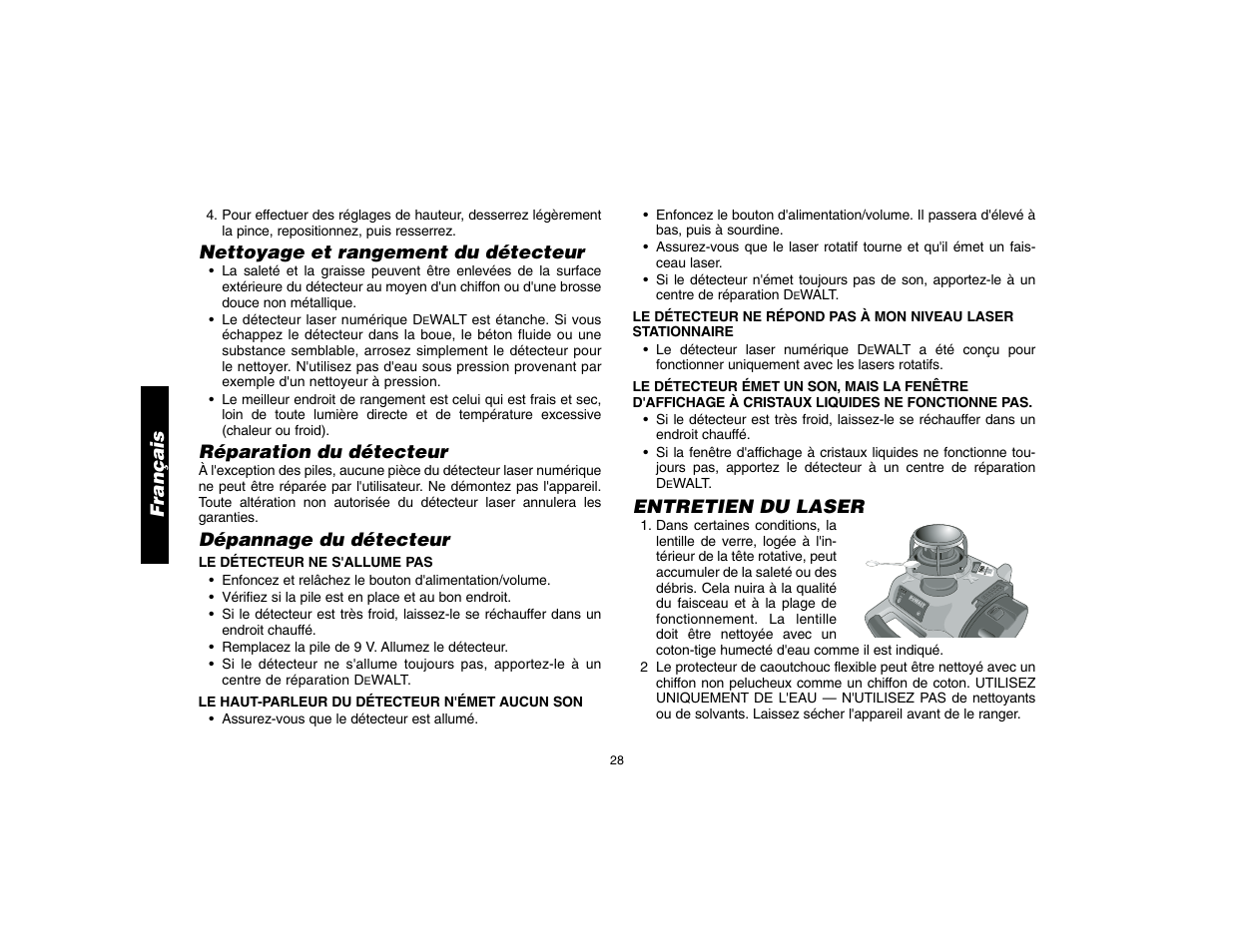 Français, Nettoyage et rangement du détecteur, Réparation du détecteur | Dépannage du détecteur, Entretien du laser | Epson DW076 User Manual | Page 30 / 52