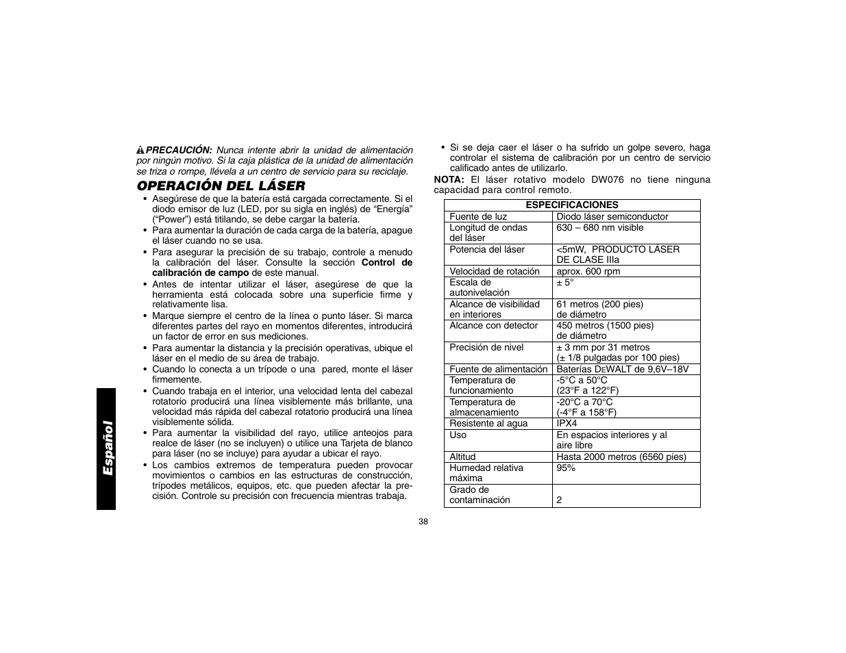Español, Operación del láser | Epson DW076 User Manual | Page 40 / 52