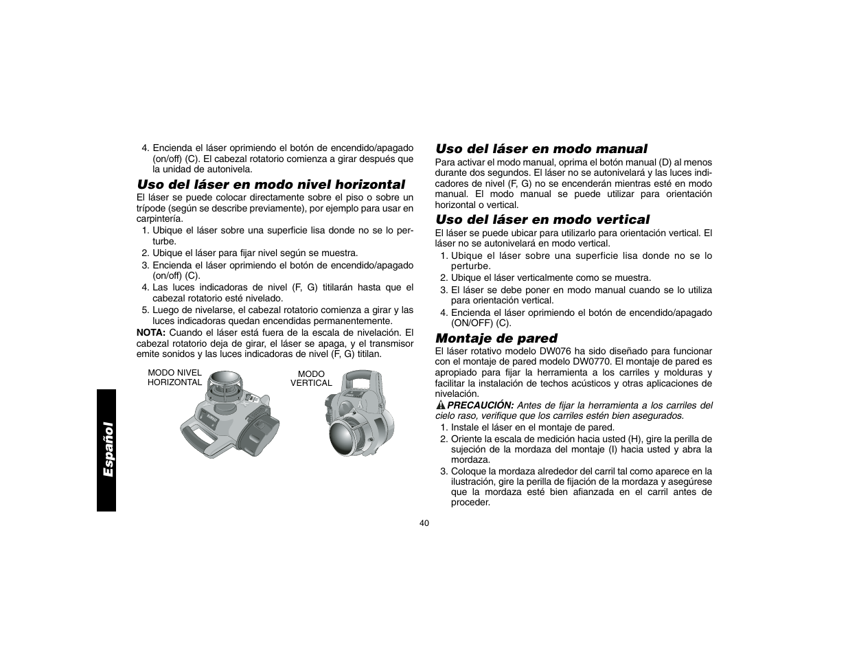 Español, Uso del láser en modo nivel horizontal, Uso del láser en modo manual | Uso del láser en modo vertical, Montaje de pared | Epson DW076 User Manual | Page 42 / 52