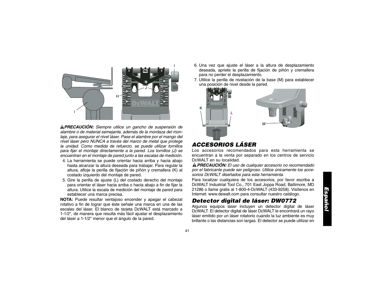 Español, Accesorios láser, Detector digital de láser: dw0772 | Epson DW076 User Manual | Page 43 / 52