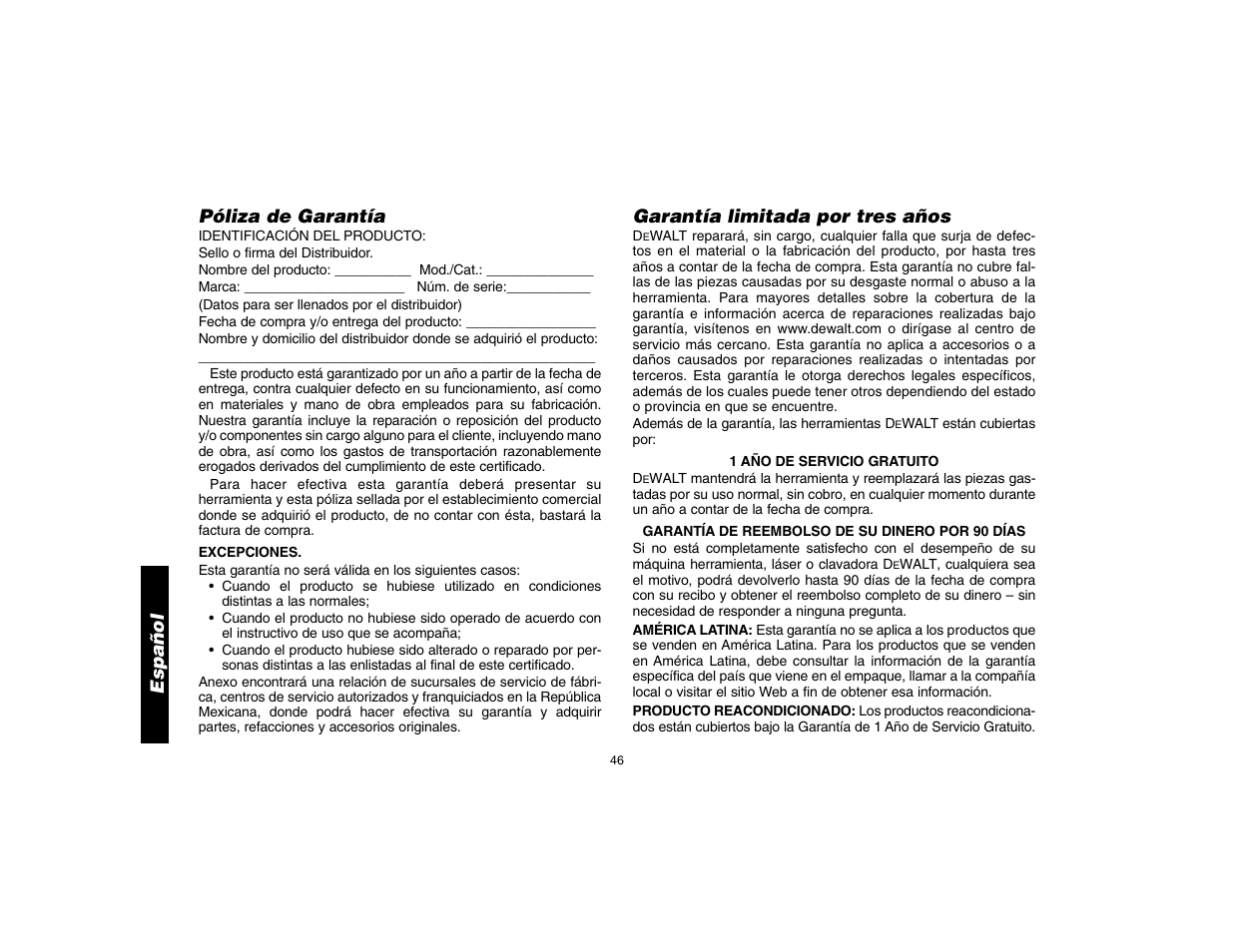 Español, Póliza de garantía, Garantía limitada por tres años | Epson DW076 User Manual | Page 48 / 52