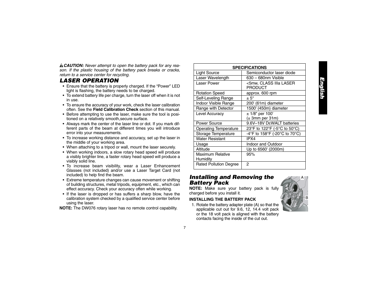 English, Laser operation, Installing and removing the battery pack | Epson DW076 User Manual | Page 9 / 52