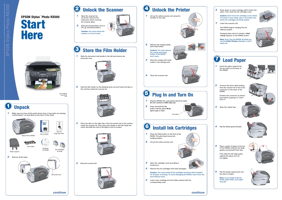 Load paper, Start here, Unpack store the film holder | Install ink cartridges, Unlock the scanner, Unlock the printer plug in and turn on, Epson stylus photo rx500 | Epson Stylus Photo RX500 User Manual | Page 4 / 8