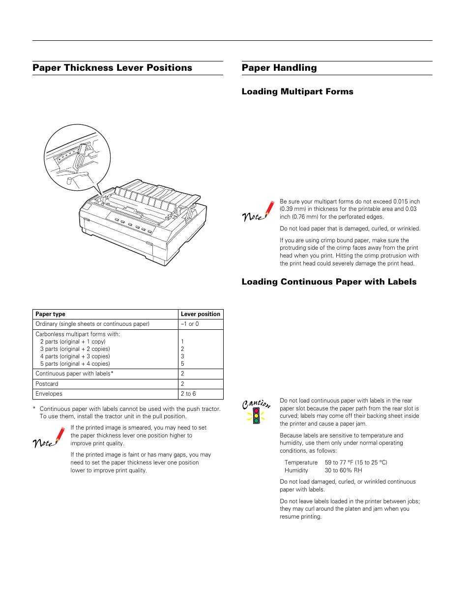 Paper thickness lever positions, Paper handling, Loading multipart forms | Loading continuous paper with labels, Epson lq-570e | Epson LQ-570e User Manual | Page 10 / 18