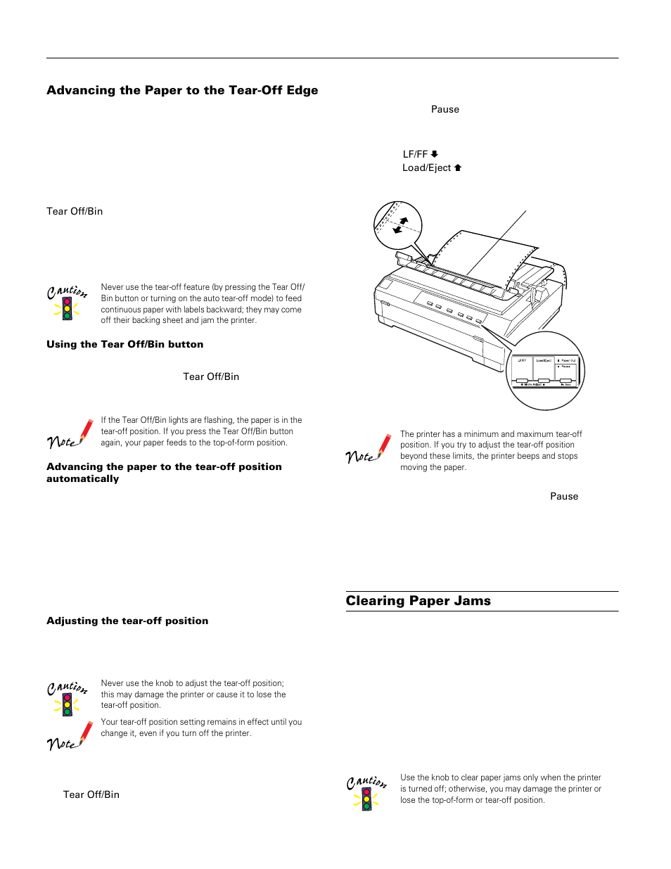 Advancing the paper to the tear-off edge, Clearing paper jams, Epson lq-570e | Epson LQ-570e User Manual | Page 14 / 18