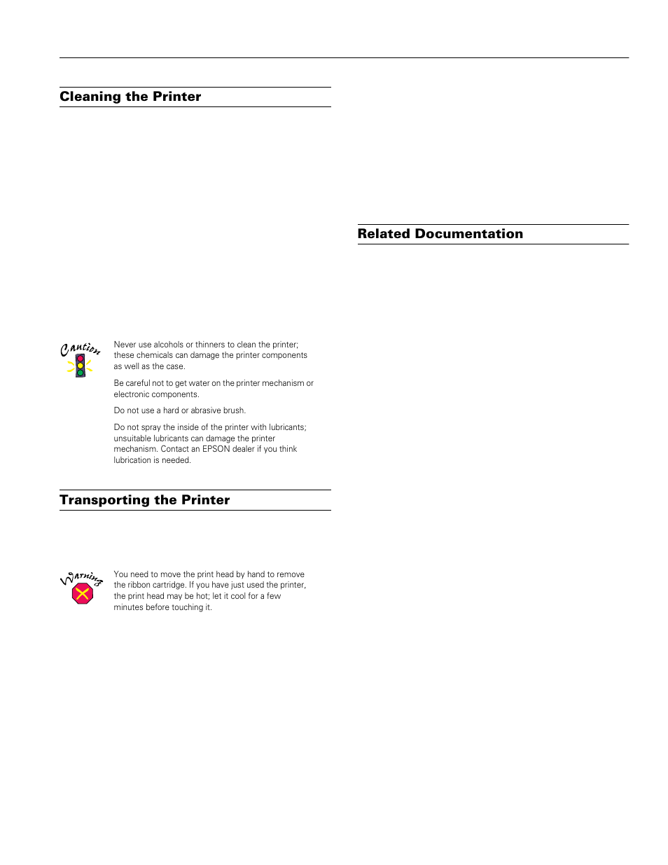 Cleaning the printer, Transporting the printer, Related documentation | Epson LQ-570e User Manual | Page 17 / 18