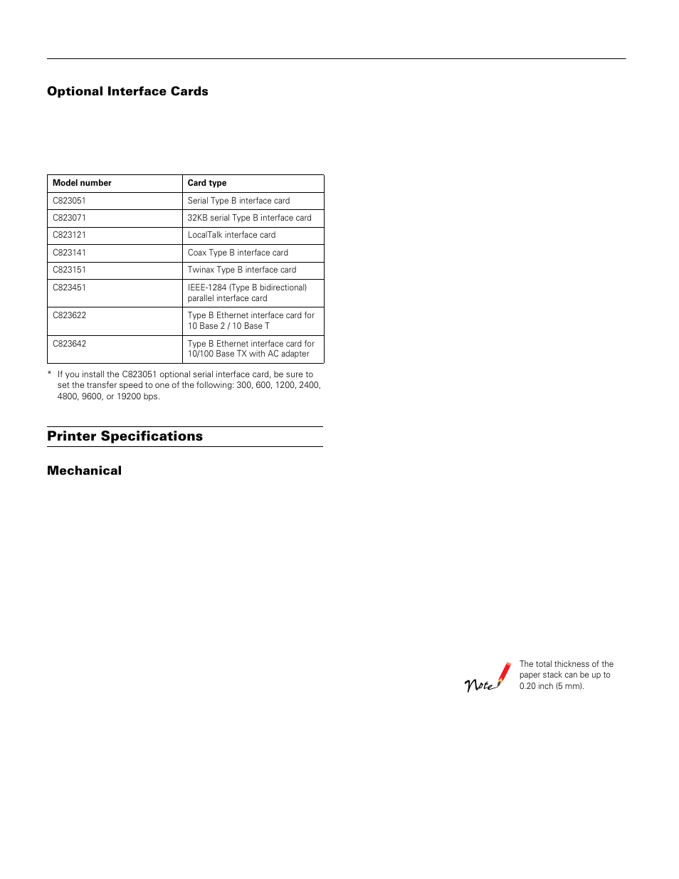 Optional interface cards, Printer specifications, Mechanical | Epson lq-570e | Epson LQ-570e User Manual | Page 2 / 18