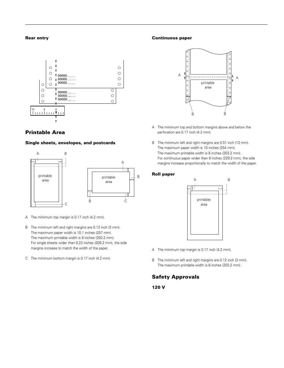 Printable area, Safety approvals, Epson lq-570e | Epson LQ-570e User Manual | Page 5 / 18