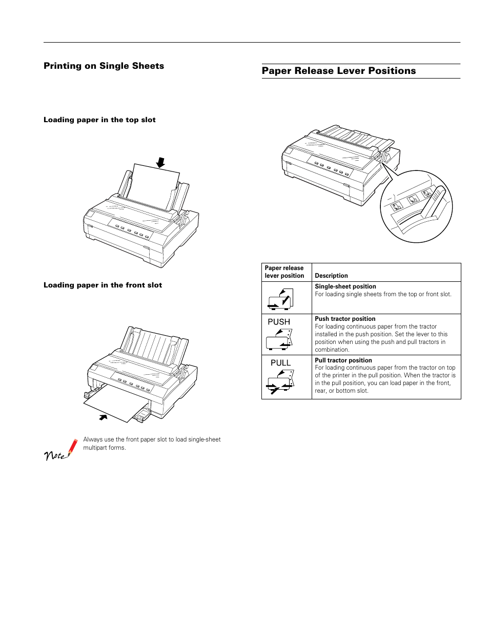 Printing on single sheets, Paper release lever positions, Epson lq-570e | Epson LQ-570e User Manual | Page 9 / 18