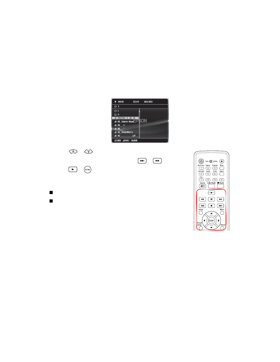 Playing mp3/wma music or videos | Epson 85HD User Manual | Page 42 / 80