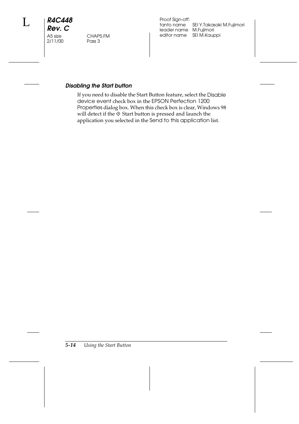 Disabling the start button, R4c448 rev. c | Epson 1200 series User Manual | Page 100 / 185