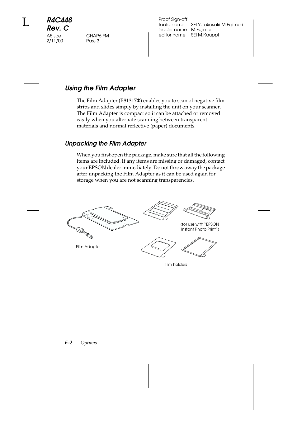 Using the film adapter, Unpacking the film adapter, Using the film adapter -2 | Unpacking the film adapter -2, R4c448 rev. c | Epson 1200 series User Manual | Page 102 / 185