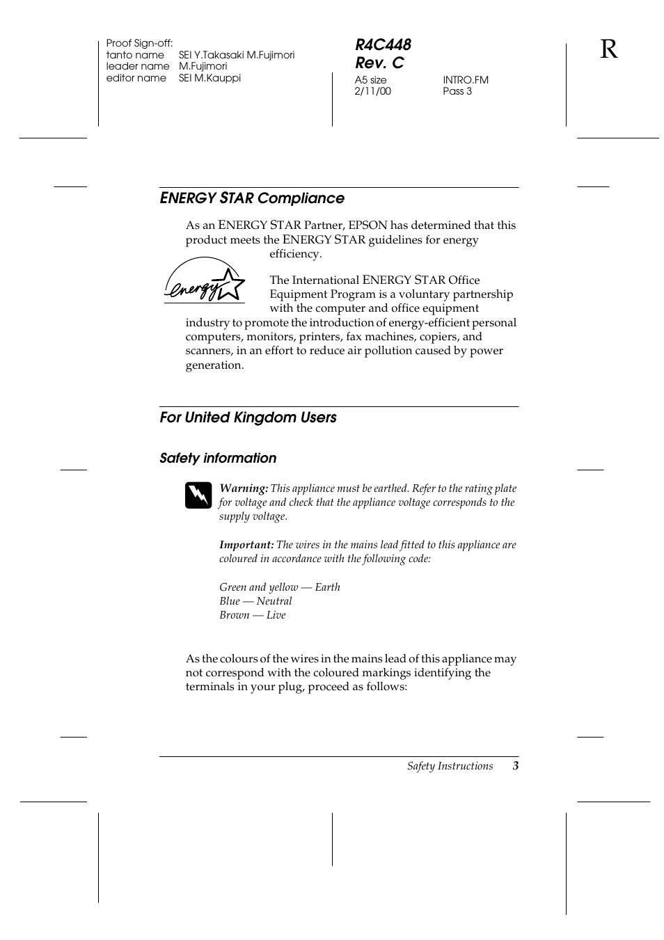 Energy star compliance, For united kingdom users, Safety information | Energy star compliance for united kingdom users, R4c448 rev. c | Epson 1200 series User Manual | Page 11 / 185