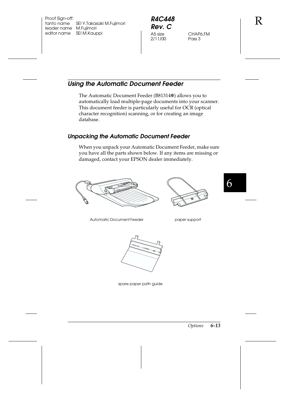 Using the automatic document feeder, Unpacking the automatic document feeder, Using the automatic document feeder -13 | Unpacking the automatic document feeder -13, R4c448 rev. c | Epson 1200 series User Manual | Page 113 / 185