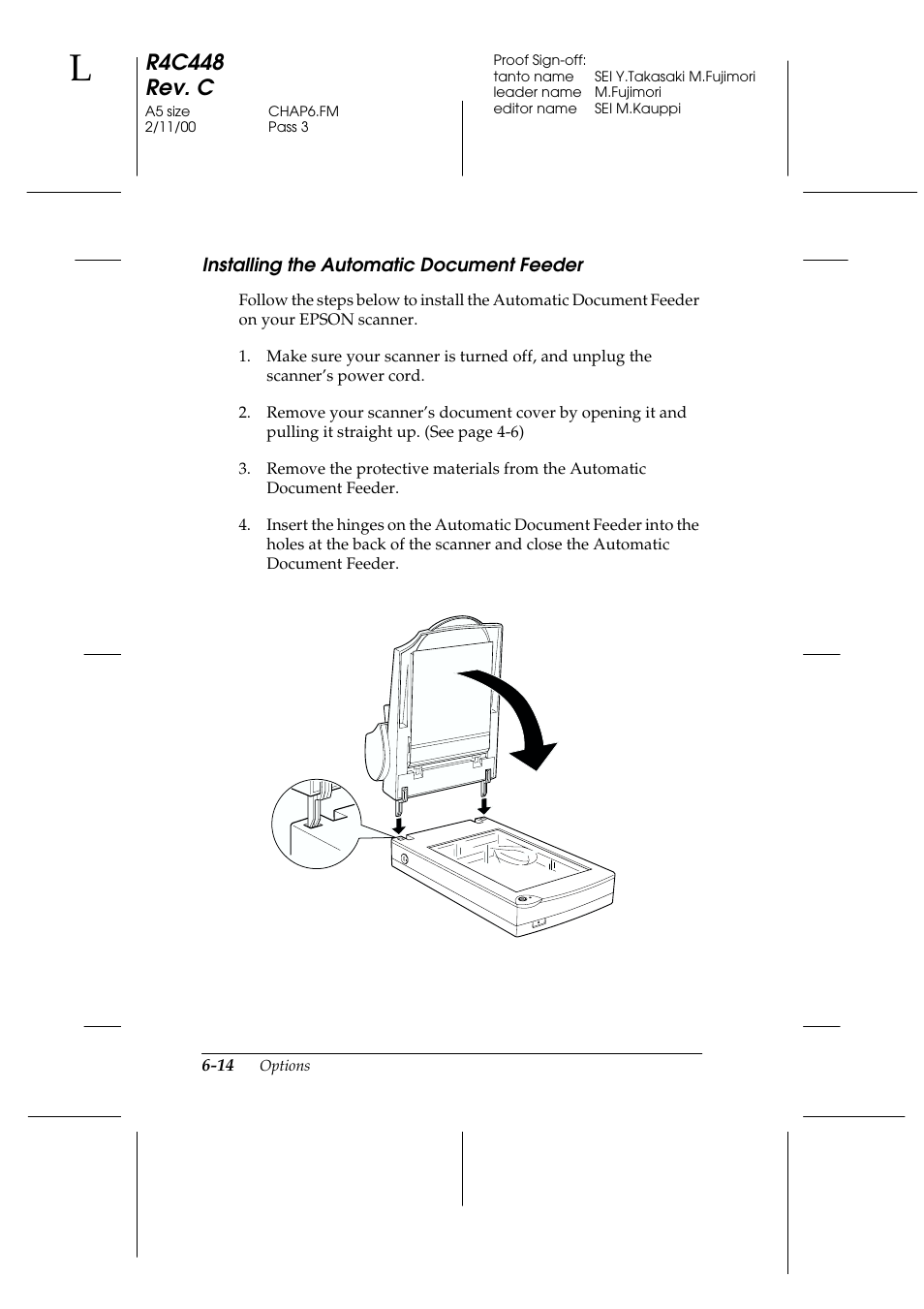 Installing the automatic document feeder, Installing the automatic document feeder -14, R4c448 rev. c | Epson 1200 series User Manual | Page 114 / 185