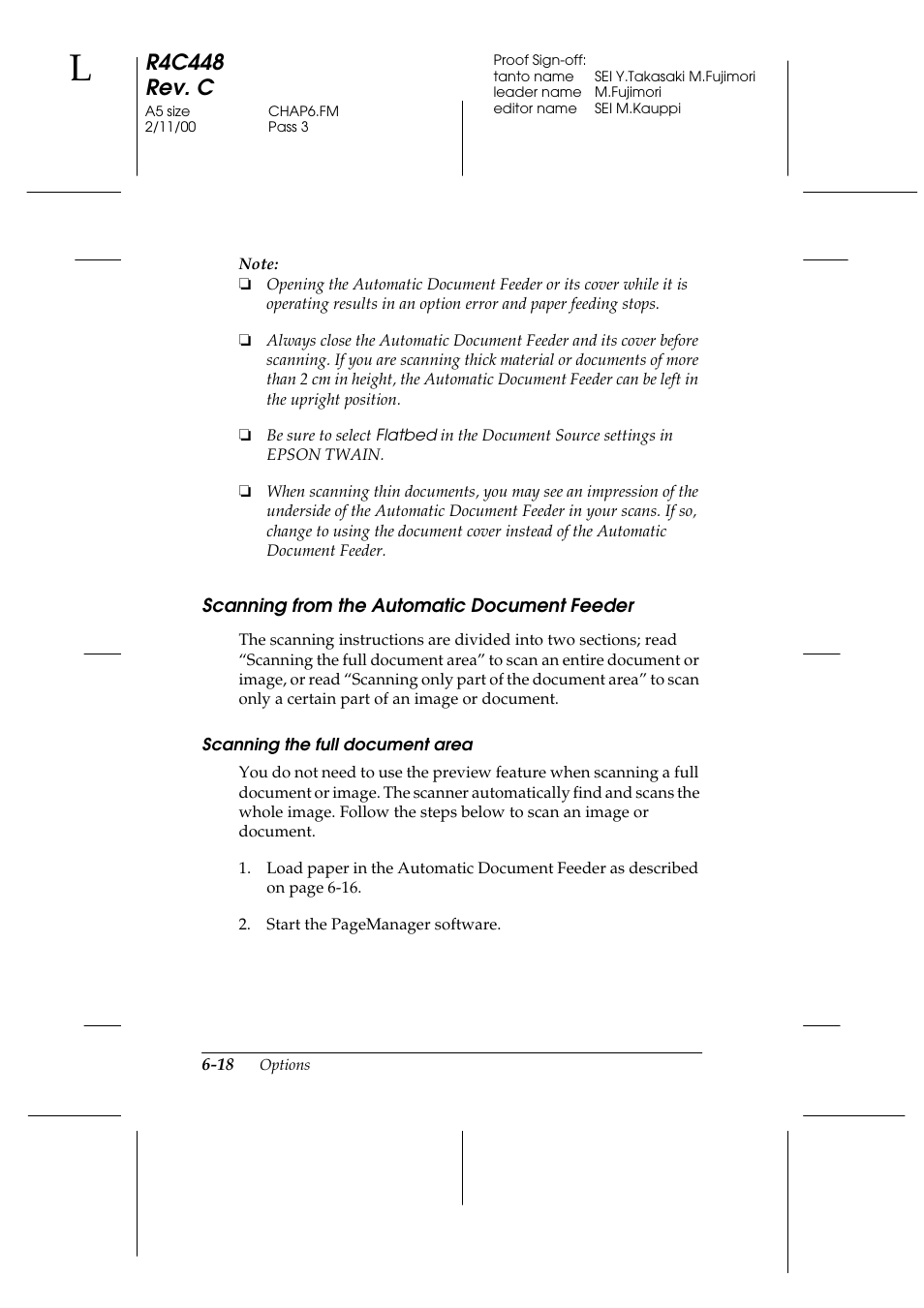 Scanning from the automatic document feeder, Scanning the full document area, Scanning from the automatic document feeder -18 | R4c448 rev. c | Epson 1200 series User Manual | Page 118 / 185