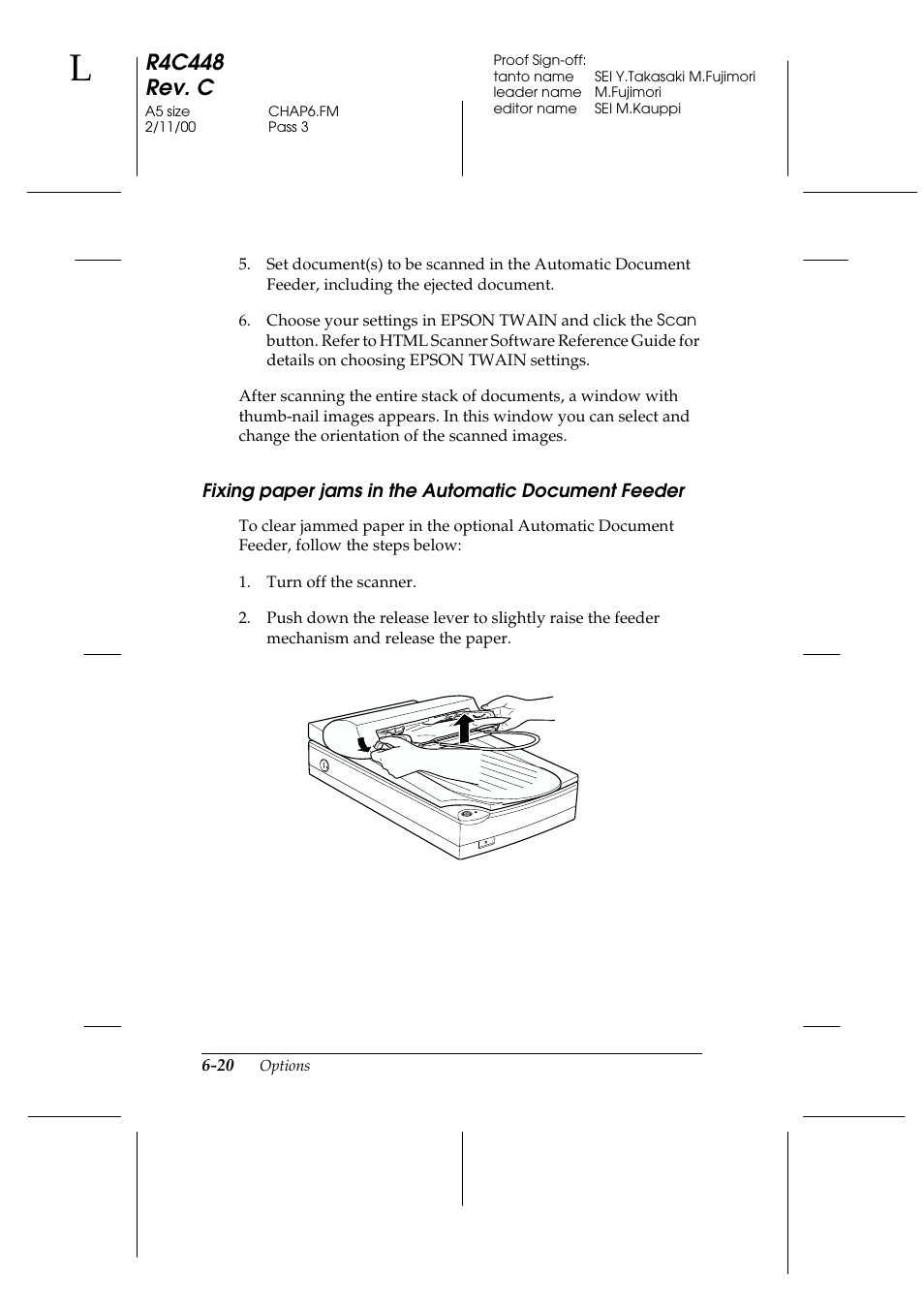 Fixing paper jams in the automatic document feeder, R4c448 rev. c | Epson 1200 series User Manual | Page 120 / 185