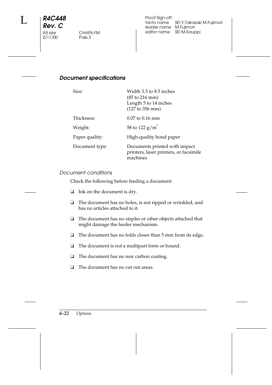 Document specifications, Document specifications -22, R4c448 rev. c | Epson 1200 series User Manual | Page 122 / 185