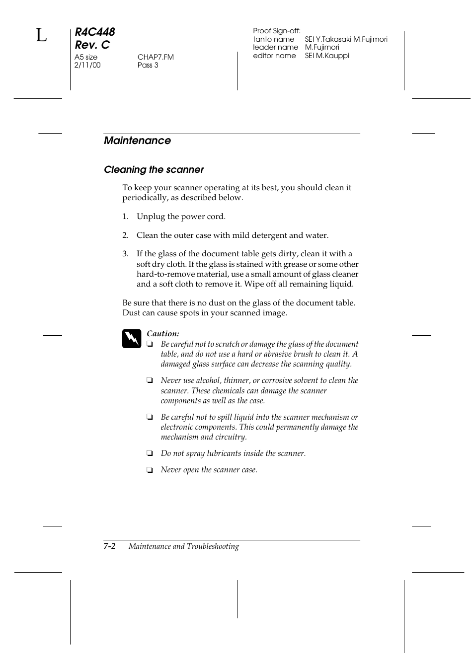 Maintenance, Cleaning the scanner, Maintenance -2 | Cleaning the scanner -2, R4c448 rev. c | Epson 1200 series User Manual | Page 126 / 185