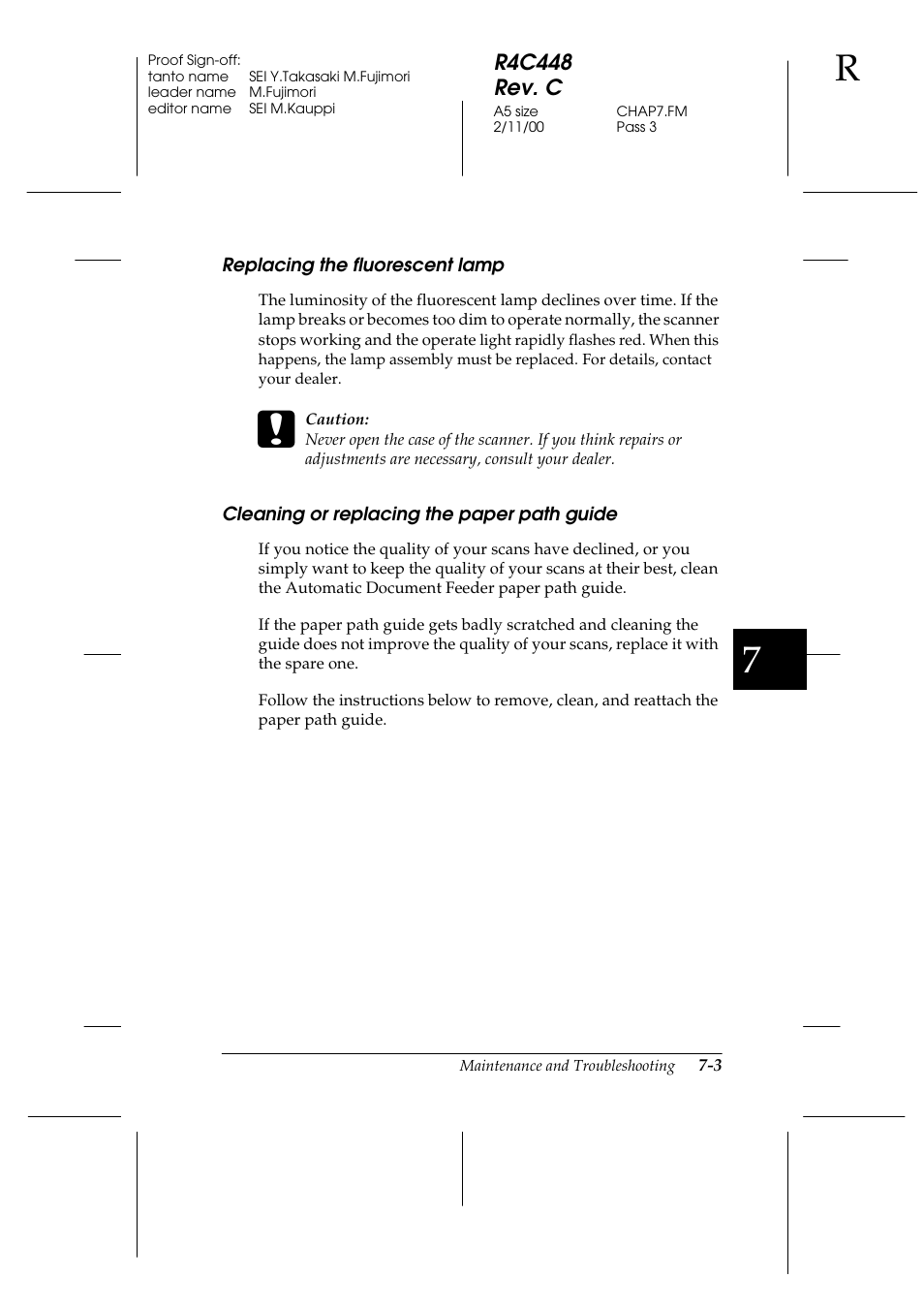 Replacing the fluorescent lamp, Cleaning or replacing the paper path guide | Epson 1200 series User Manual | Page 127 / 185