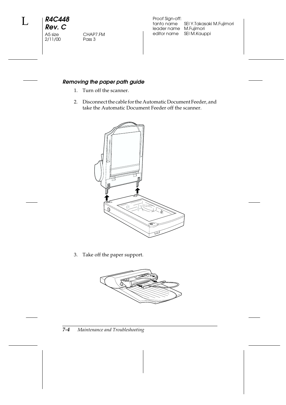 Removing the paper path guide, R4c448 rev. c | Epson 1200 series User Manual | Page 128 / 185