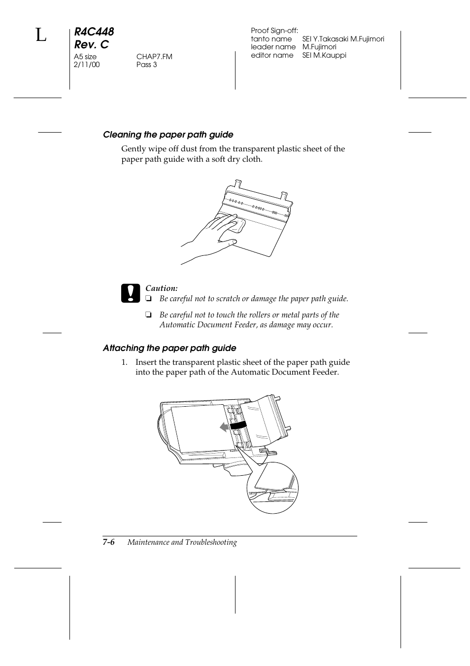 Cleaning the paper path guide, Attaching the paper path guide, R4c448 rev. c | Epson 1200 series User Manual | Page 130 / 185