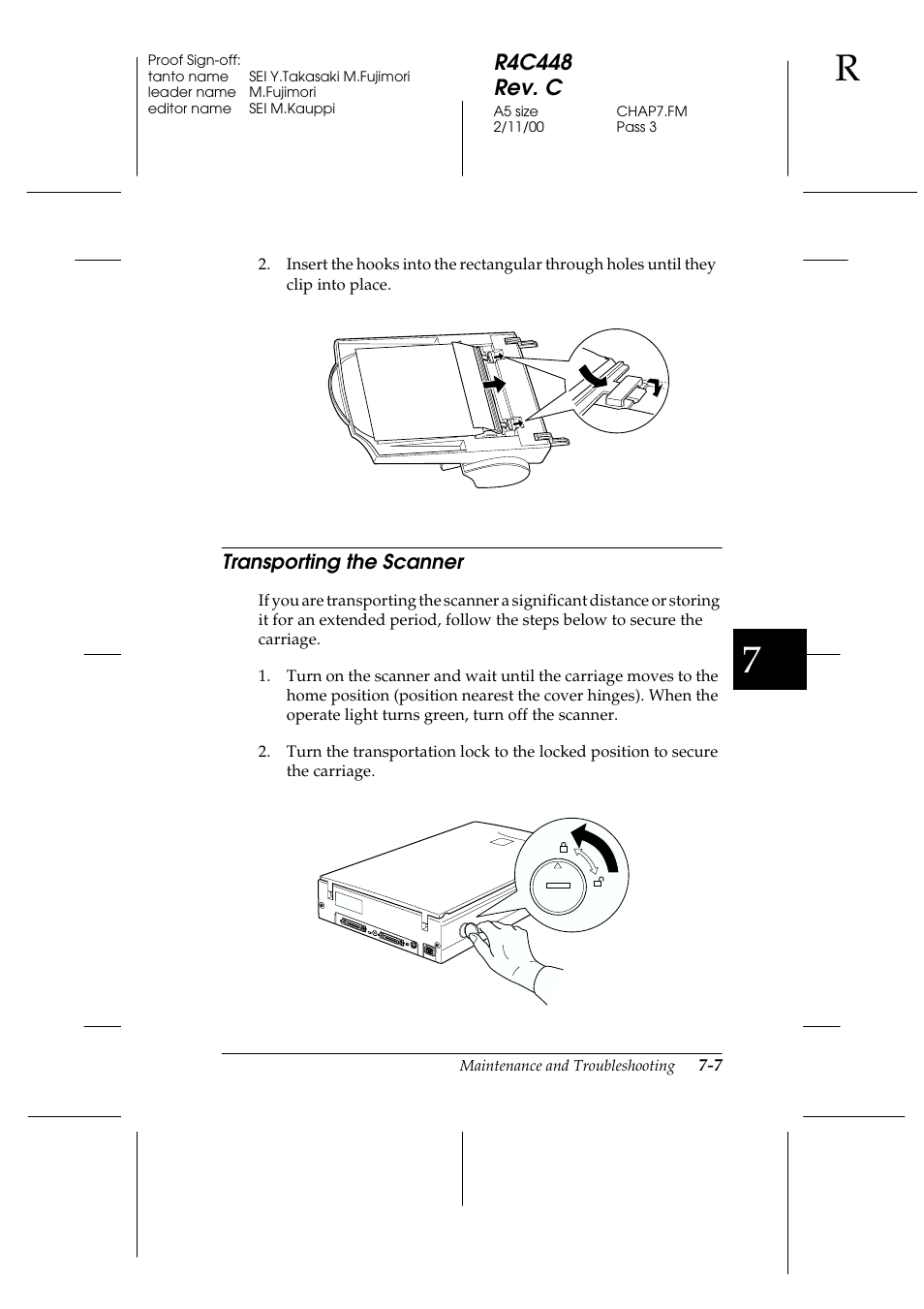 Transporting the scanner, Transporting the scanner -7, R4c448 rev. c | Epson 1200 series User Manual | Page 131 / 185