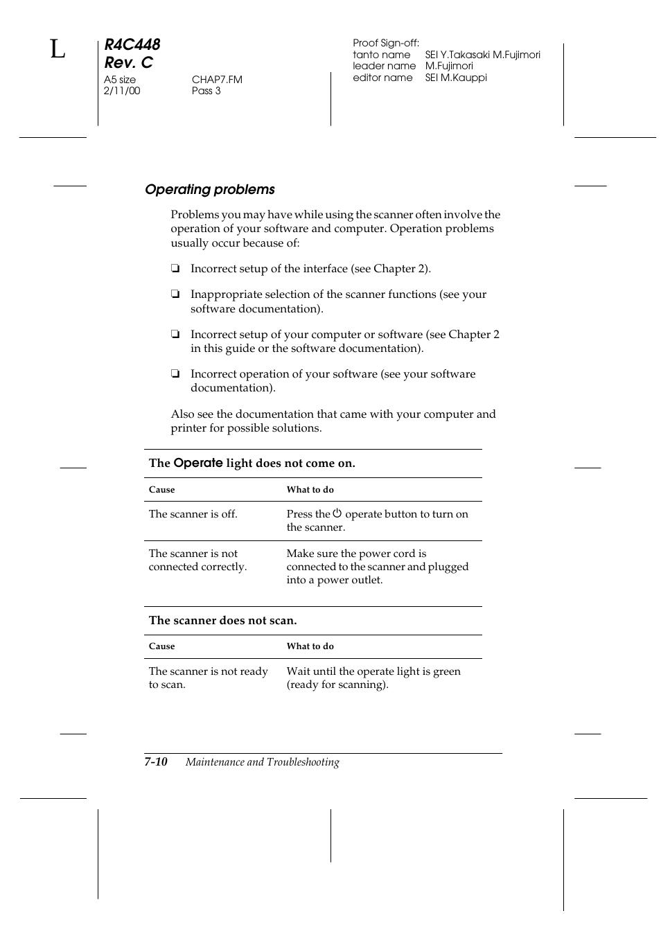 Operating problems, Operating problems -10, R4c448 rev. c | Epson 1200 series User Manual | Page 134 / 185