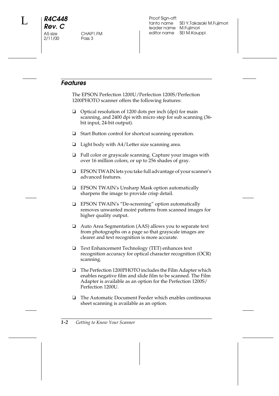 Features, Features -2, R4c448 rev. c | Epson 1200 series User Manual | Page 14 / 185