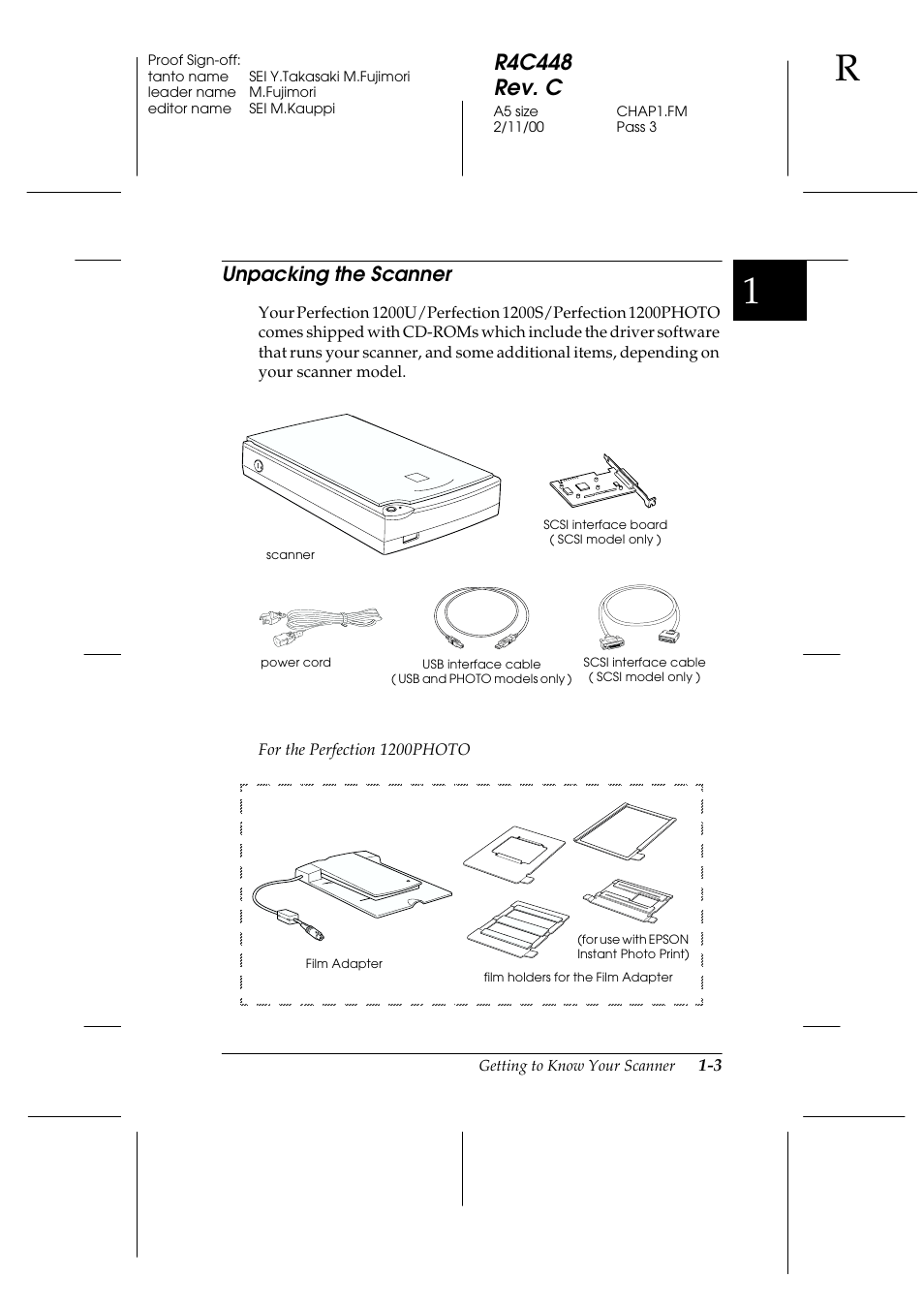 Unpacking the scanner, Unpacking the scanner -3, R4c448 rev. c | Epson 1200 series User Manual | Page 15 / 185