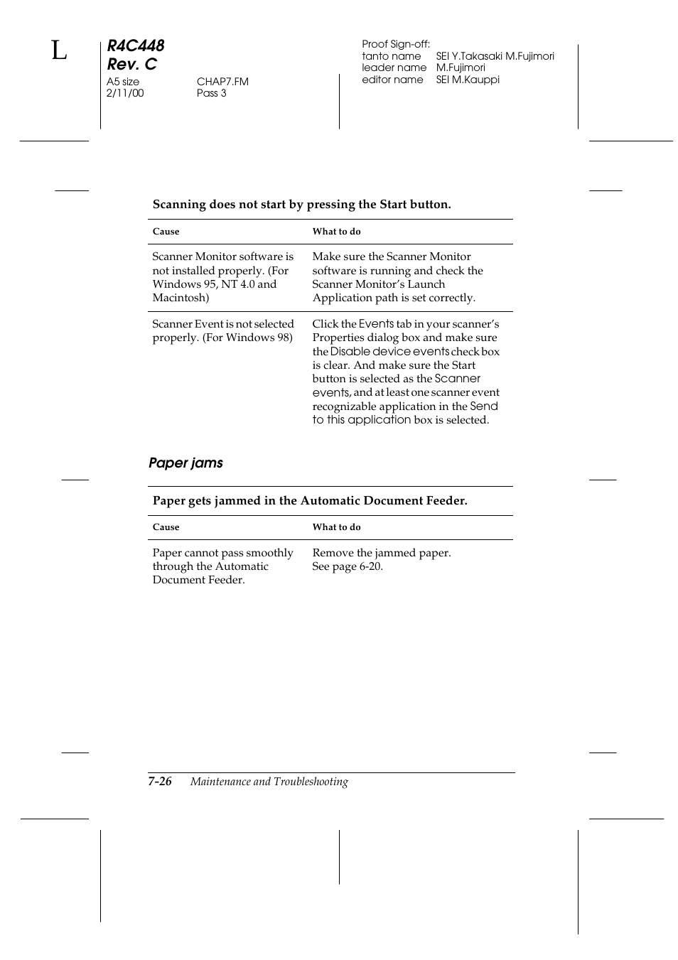 Paper jams, Paper jams -26, R4c448 rev. c | Epson 1200 series User Manual | Page 150 / 185