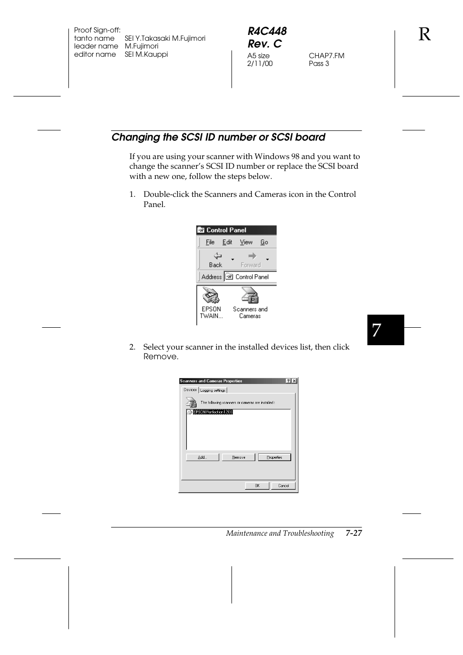 Changing the scsi id number or scsi board, Changing the scsi id number or scsi board -27, R4c448 rev. c | Epson 1200 series User Manual | Page 151 / 185