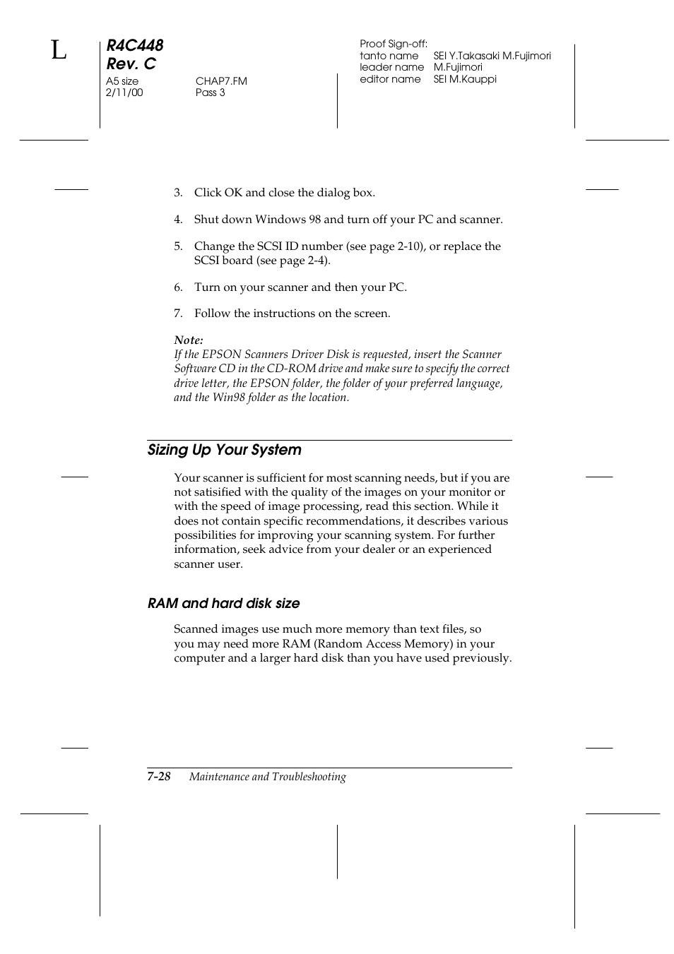 Sizing up your system, Ram and hard disk size, Sizing up your system -28 | Ram and hard disk size -28, R4c448 rev. c | Epson 1200 series User Manual | Page 152 / 185