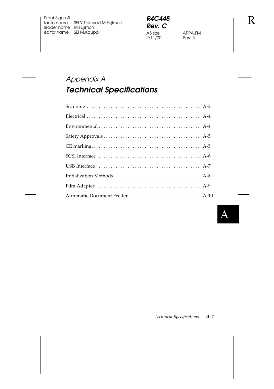 A. technical specifications, Appendix a, Technical specifications | R4c448 rev. c | Epson 1200 series User Manual | Page 155 / 185