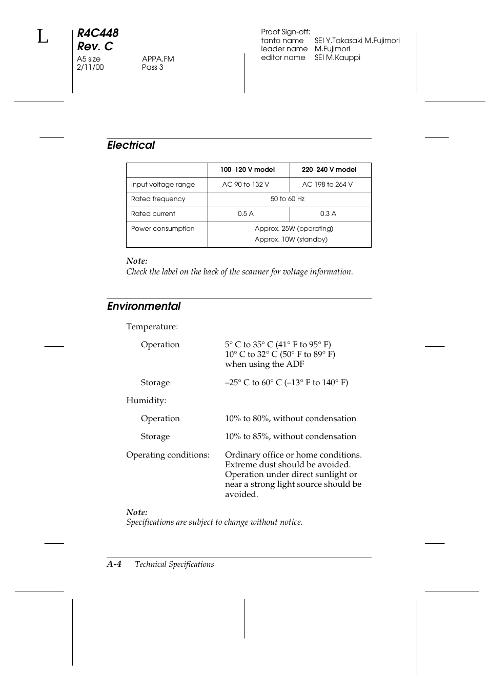 Electrical, Environmental, R4c448 rev. c | Epson 1200 series User Manual | Page 158 / 185