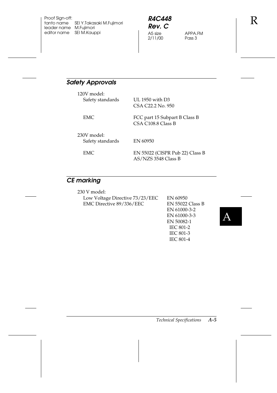 Safety approvals, Ce marking, R4c448 rev. c | Epson 1200 series User Manual | Page 159 / 185