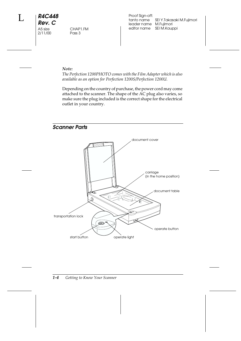 Scanner parts, Scanner parts -4, R4c448 rev. c | Epson 1200 series User Manual | Page 16 / 185