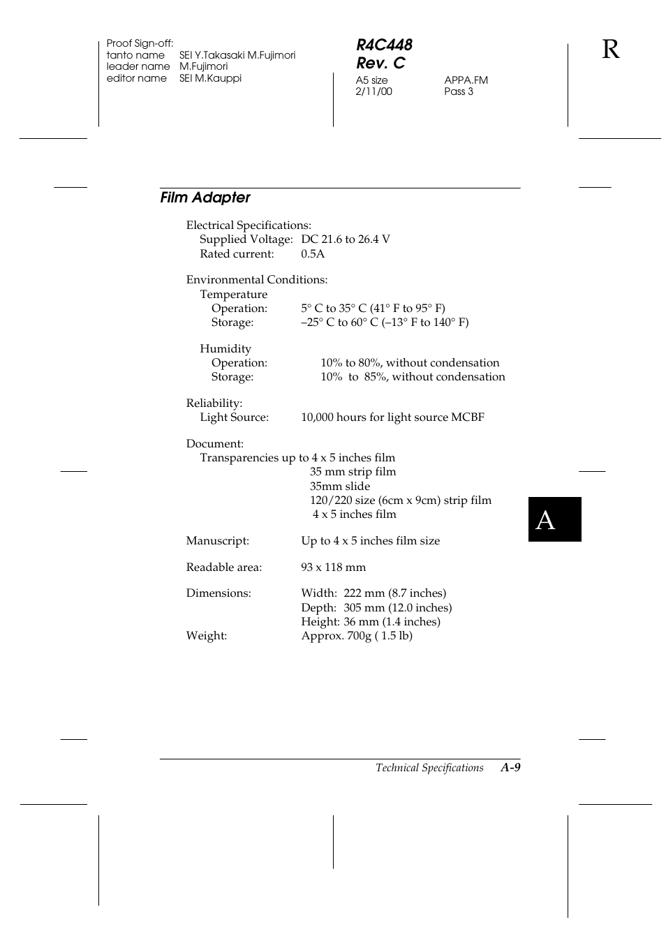 Film adapter, R4c448 rev. c | Epson 1200 series User Manual | Page 163 / 185