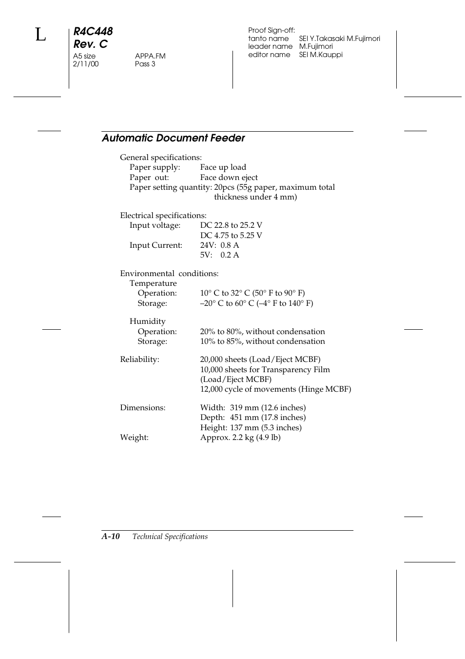 Automatic document feeder, R4c448 rev. c | Epson 1200 series User Manual | Page 164 / 185