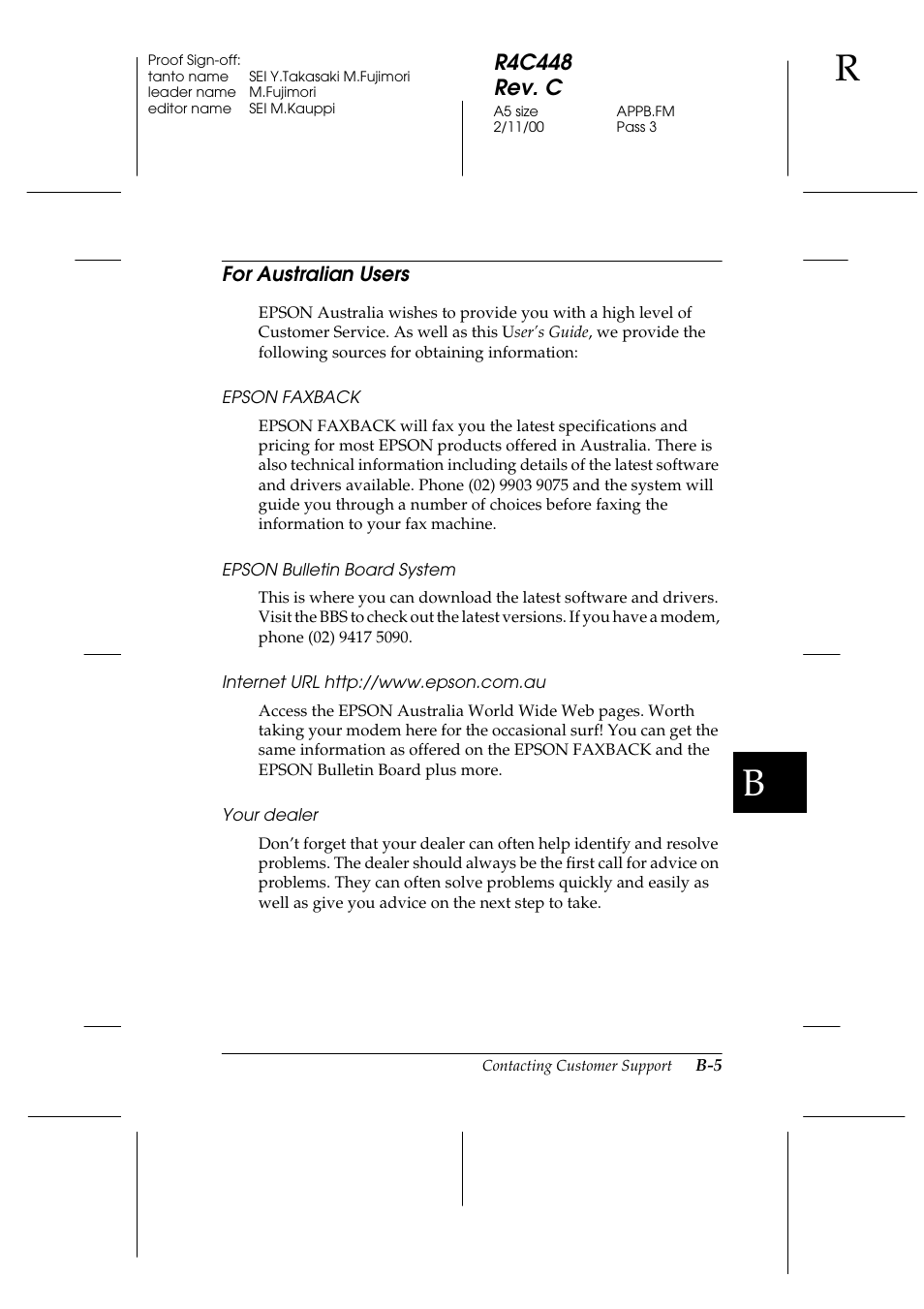 For australian users, R4c448 rev. c | Epson 1200 series User Manual | Page 169 / 185