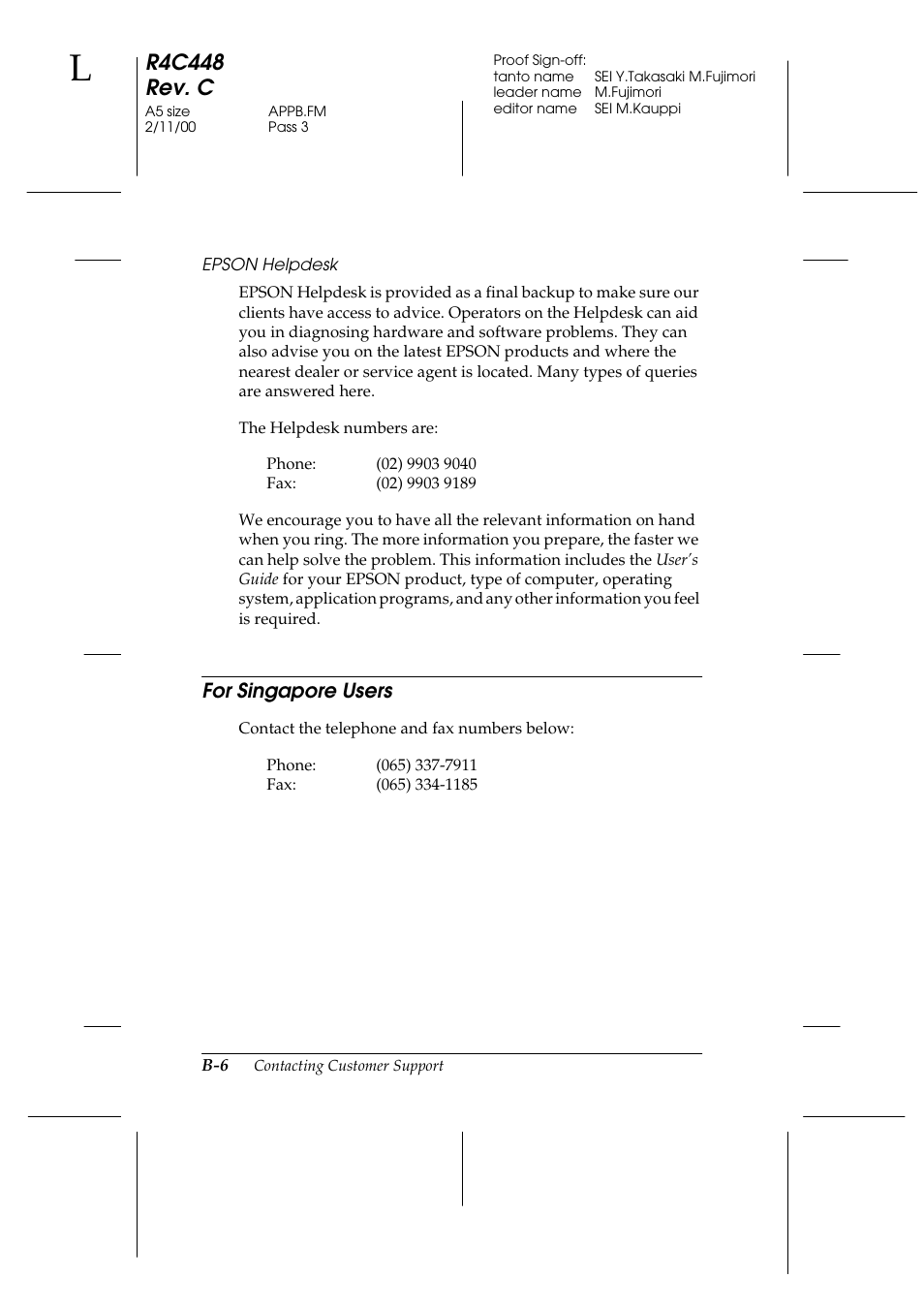 For singapore users, R4c448 rev. c | Epson 1200 series User Manual | Page 170 / 185