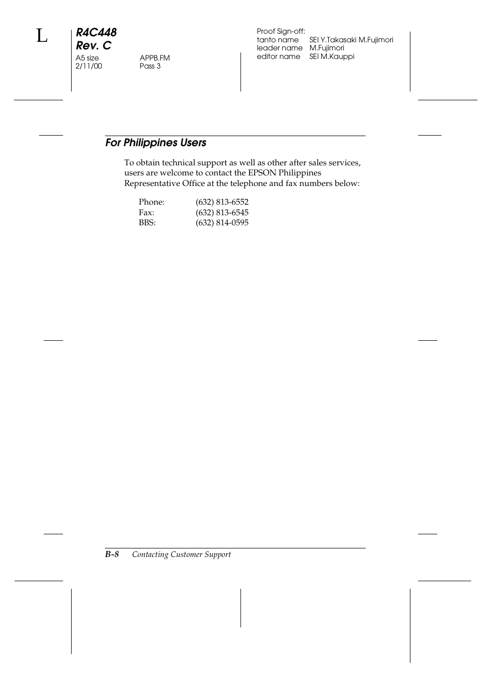 For philippines users, R4c448 rev. c | Epson 1200 series User Manual | Page 172 / 185