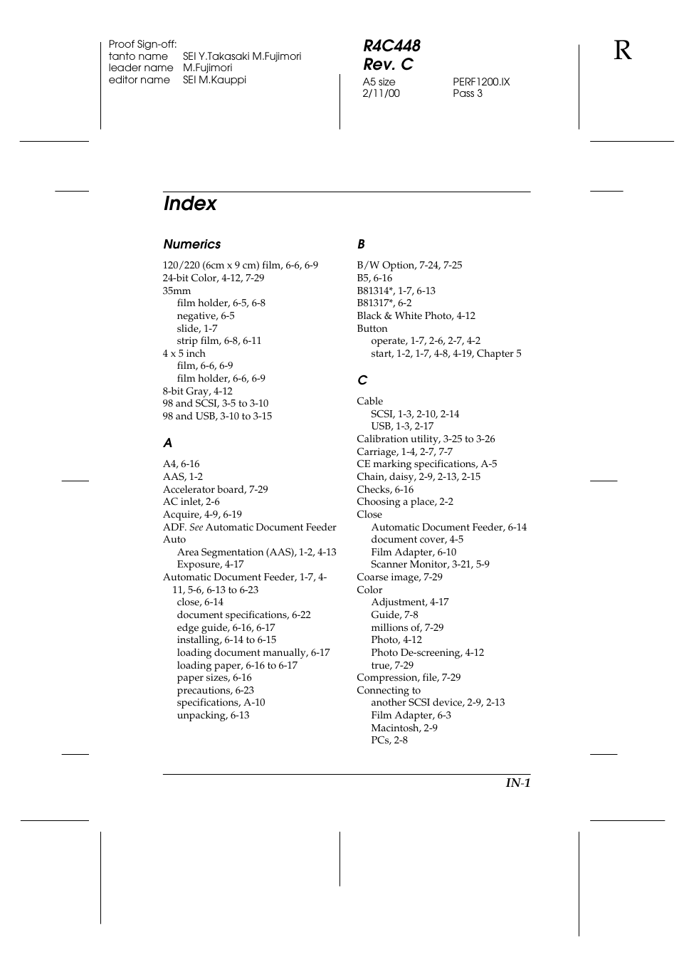 Index, R4c448 rev. c | Epson 1200 series User Manual | Page 179 / 185