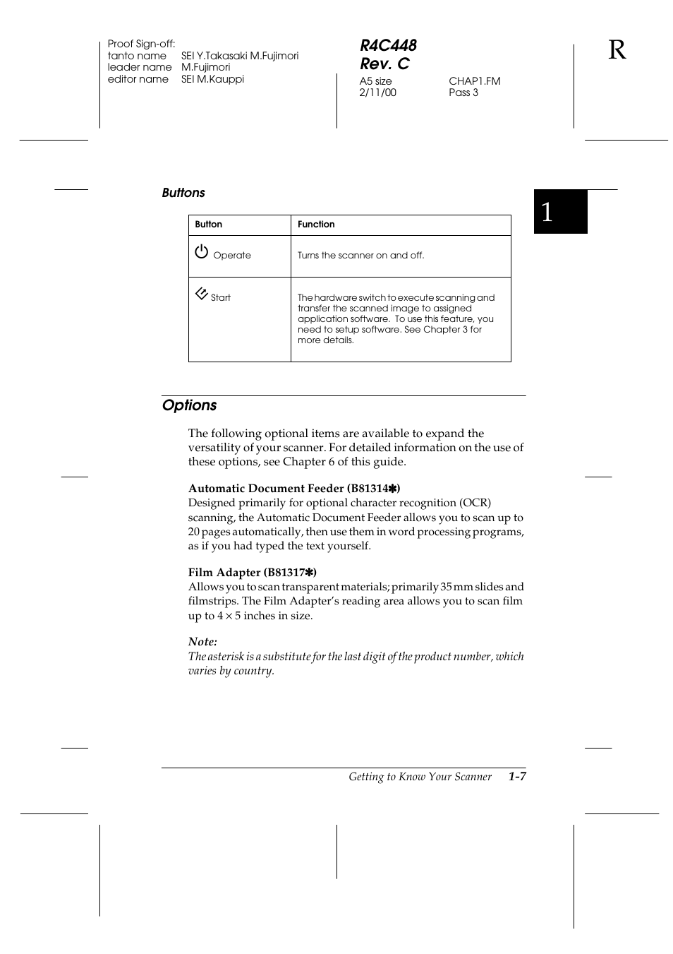 Buttons, Options, Options -7 | R4c448 rev. c | Epson 1200 series User Manual | Page 19 / 185