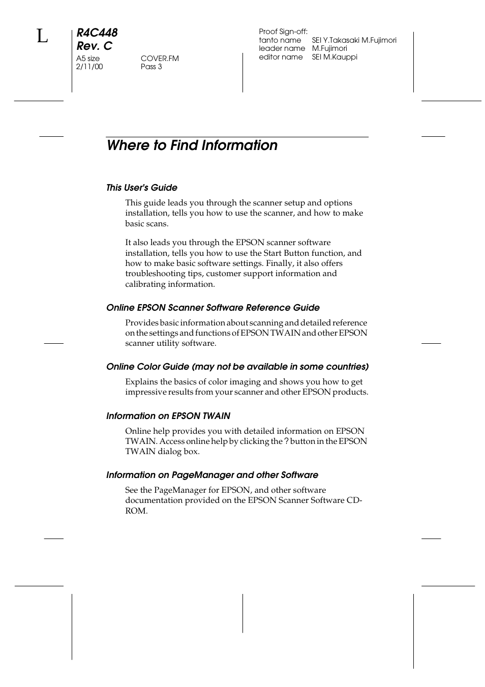 Where to find information, This user's guide, Online epson scanner software reference guide | Information on epson twain, R4c448 rev. c | Epson 1200 series User Manual | Page 2 / 185