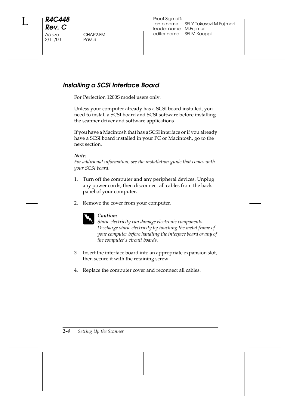 Installing a scsi interface board, Installing a scsi interface board -4, R4c448 rev. c | Epson 1200 series User Manual | Page 24 / 185