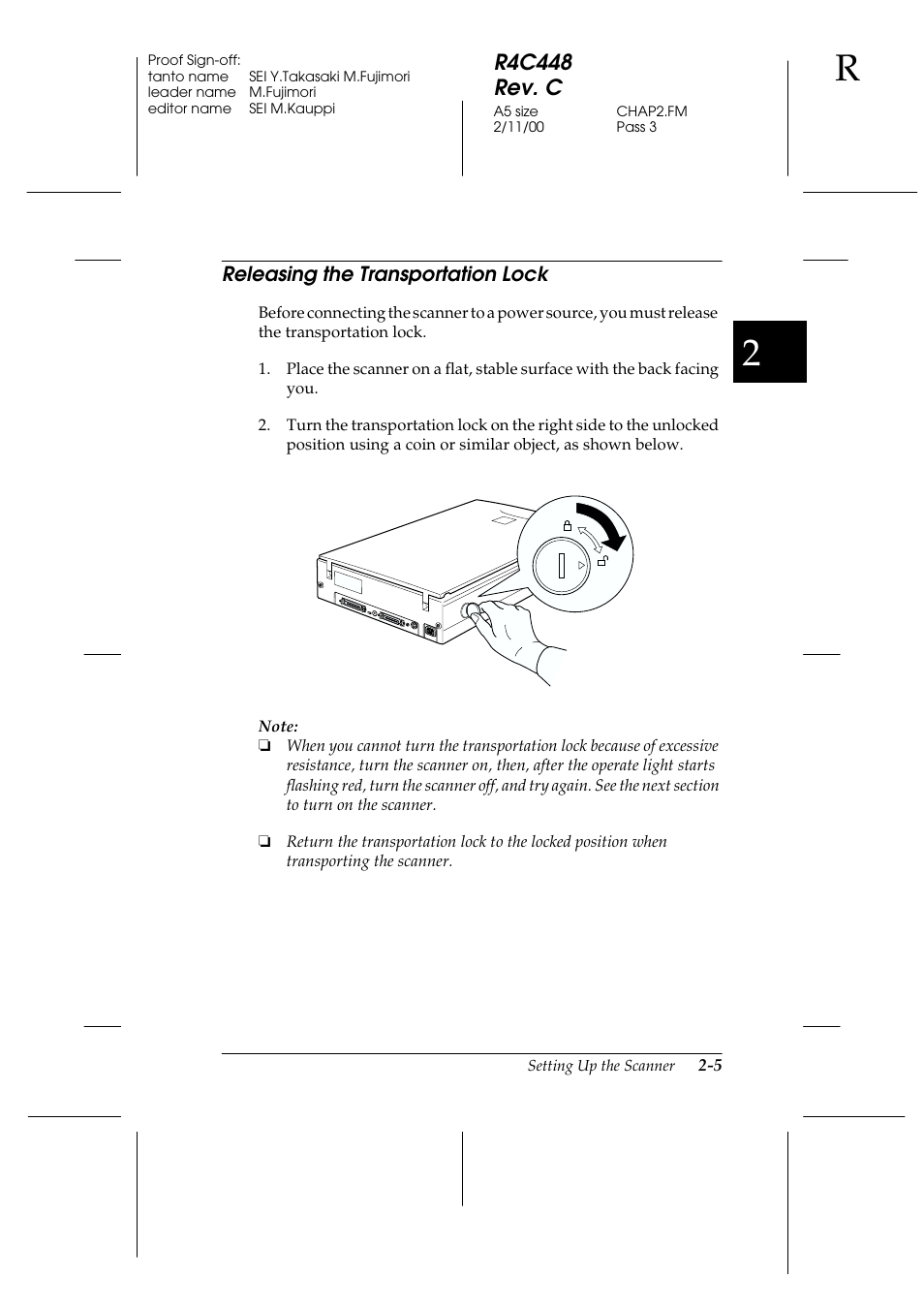 Releasing the transportation lock, Releasing the transportation lock -5, R4c448 rev. c | Epson 1200 series User Manual | Page 25 / 185