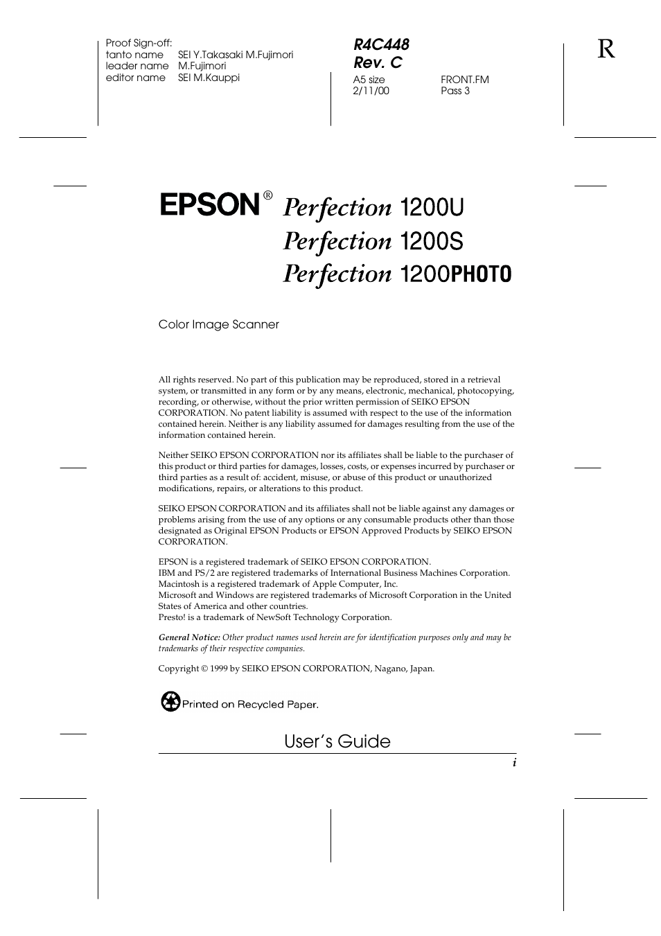 Copyright, User’s guide, R4c448 rev. c | Epson 1200 series User Manual | Page 3 / 185