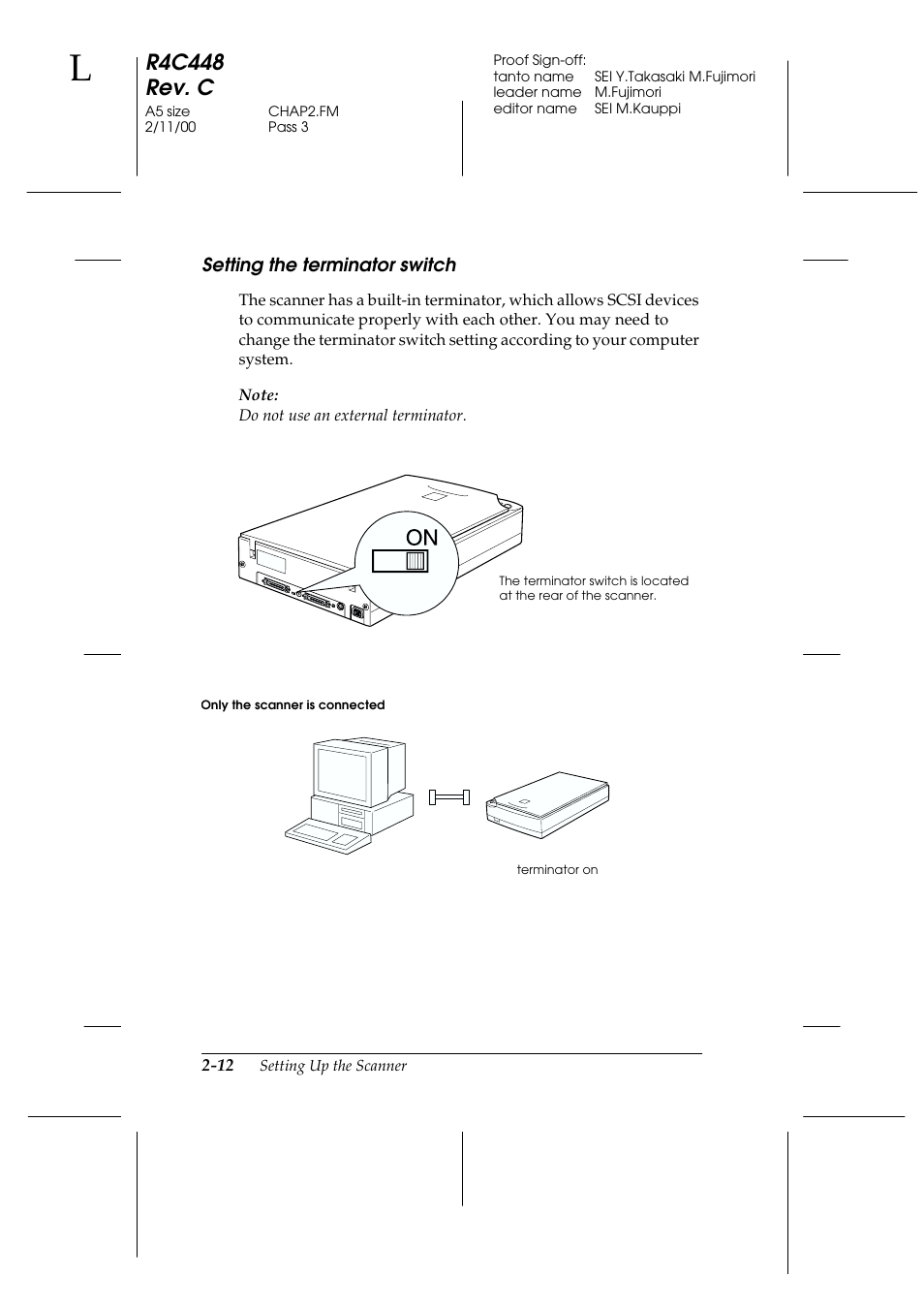 Setting the terminator switch, Setting the terminator switch -12, R4c448 rev. c | Epson 1200 series User Manual | Page 32 / 185